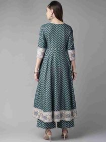 side image for Women teal blue & golden chevron print anarkali kurti - 1
