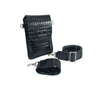 side image for Bandolera/Riñonera de cuero crocco negro con tira regulable. Cruz de la Rosa. - 1