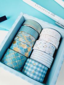 side image for Caja con 10 washi tapes foil azul claro - 1