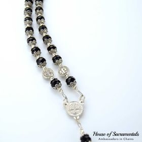 side image for Black Car Rosary (8mm Bead Cap) - St. Benedict - 1