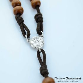 side image for Brown Wooden Rope Rosary - Circle Bead & Brass Cross - 2