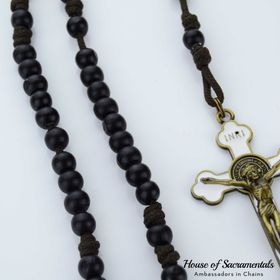 side image for Black Wooden Rope Rosary - Circle Bead & White Resin Cross - 1