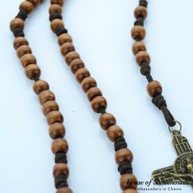 side image for Brown Wooden Rope Rosary - Circle Bead & Brass Cross - 1