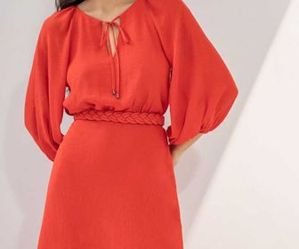 side image for Vestido Midi Manga Bufante Em Shantung Com Cinto - 1