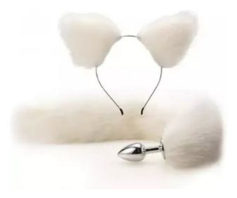 Kit fox, plug anal M com rabo e tiara de orelhas branco